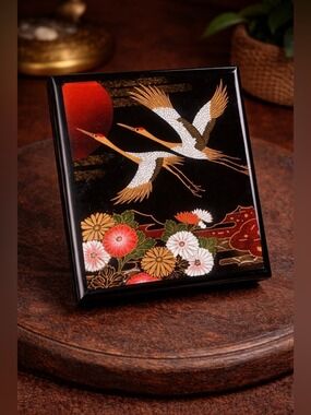 VINTAGE Japanese Black Lacquer Photo Album • Gold Cranes • Mother-of-Pearl Inlay